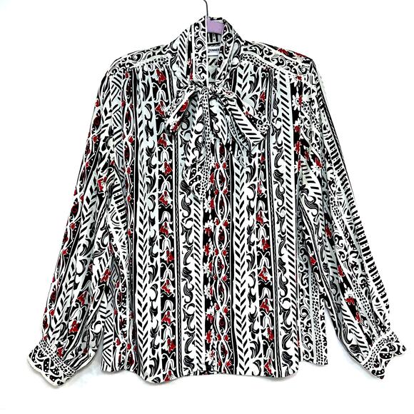 Alfred Dunner XL Tie Collar Long Sleeve Blouse Abstract Print‎ Black Red 90s - Picture 1 of 12